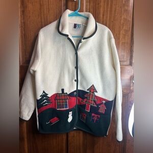 Vintage Bold Spirit fleece Christmas button-up jacket with winter scene size P/S